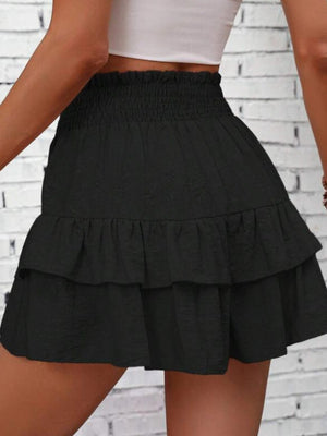 Black tiered ruffle skort with smocked waist, 100% polyester
