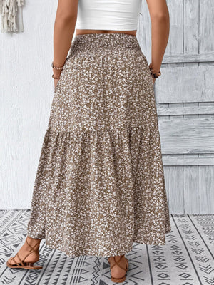 Tiered maxi skirt in mocha with a white floral print and smocked waist