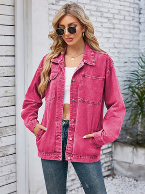 Oversized hot pink denim jacket with hood detail, buttoned front and chest pockets.
