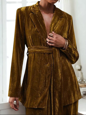 Belted velvet blazer and trousers ensemble in Army Green, featuring a single button closure and textured fabric.