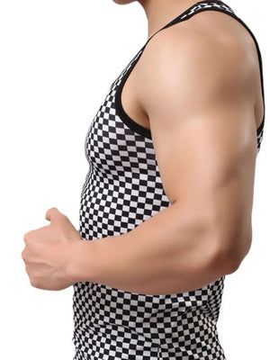 Gridlock racerback tank top in black and white checkerboard pattern with black trim.