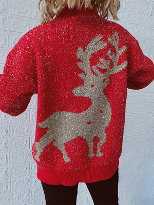 Red glitter knit sweater with a gold reindeer graphic on the back.