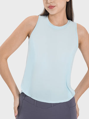 Light blue performance tank top with a round neckline and racerback detail.