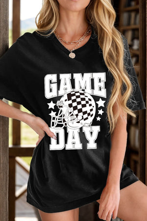 Black graphic tee with checkerboard helmet and "GAME DAY" text.