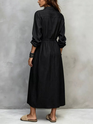 Full Size Button Front Long Sleeve Shirt Dress Plus Size in Apricot, fabric detail