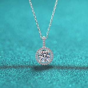 Radiant Moissanite pendant necklace in 925 sterling silver with a delicate chain and halo setting.