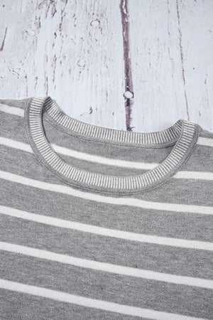 Light gray and white striped knit tee with contrast ribbed neckline.