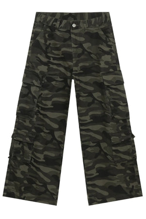 Wide-leg camo cargo pants in black with multiple pockets and drawstring detail.