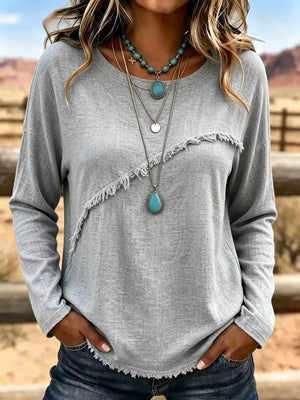 Full Size Fringe Detail Long Sleeve T-shirt Plus Size in Orange, back view