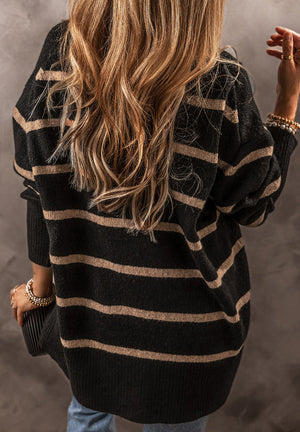 Black and beige striped acrylic button-down cardigan with a relaxed fit.