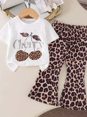 Children's Cherry Leopard Tee And Flare Pants Set in White, front view