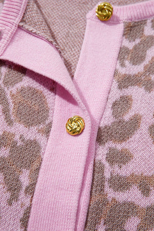 Pink knit cardigan with leopard print and gold buttons