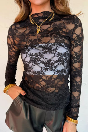 Black sheer floral lace fitted long sleeve shirt with mock neck