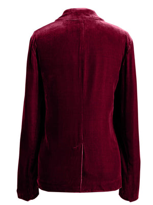 Burgundy velvet blazer with rolled cuff detail and buttoned front.