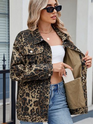 Leopard print utility denim shacket with chest pockets and a removable hood.