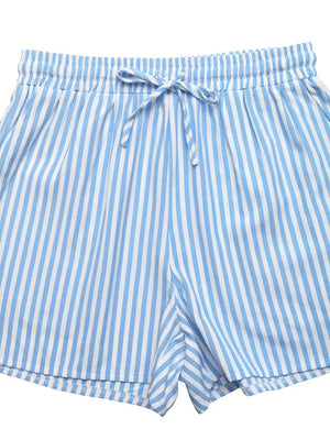 Blue and white striped shorts with drawstring bow detail
