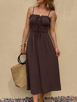 Charming tie-front midi dress in coffee brown with ruffled neckline and smocked waist.
