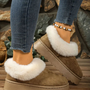 Khaki fuzzy trim platform slippers with chunky sole.