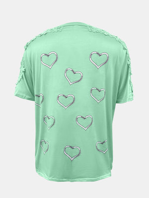 Gum Leaf green t-shirt with all-over heart print and lace trim detail on shoulders.