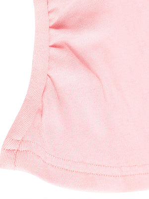 Pink polyester t-shirt with ruched sleeve detail and tie front.