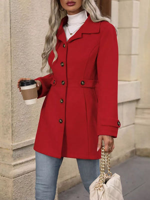 Scarlet button-up trench coat with cinched waist and button details.