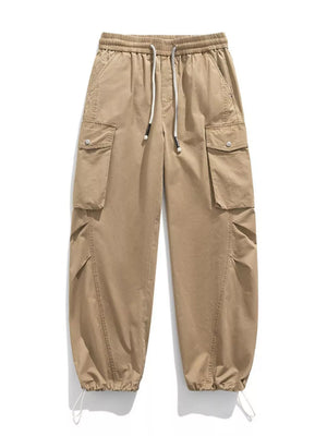 Khaki cargo pants with drawstring waist and adjustable cuffs.
