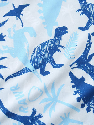 Baby blue and white dinosaur print pajama fabric with "RAWR" text.