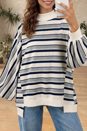Striped Ribbed Stand Neck Sweatshirt in Stripe, front view