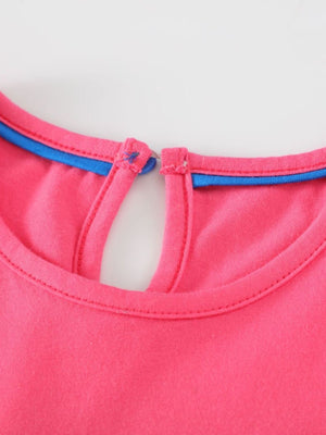 Strawberry cotton dress with keyhole back and blue trim detail.