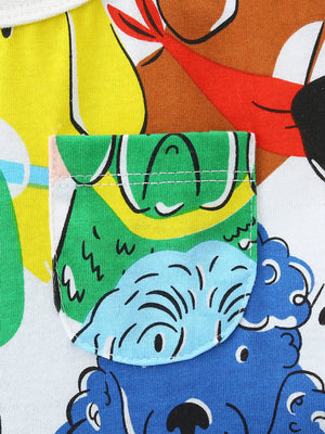 Toddler dress with cartoon dog print and green pocket.