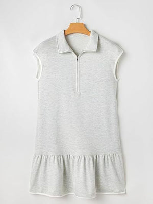 Light gray zip front cap sleeve dress with ruffled hem