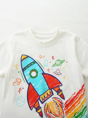 White cotton toddler t-shirt with a colorful rocket and space graphic print.