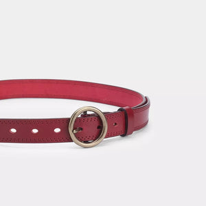 Red leather belt with antique brass round buckle and stitched detail