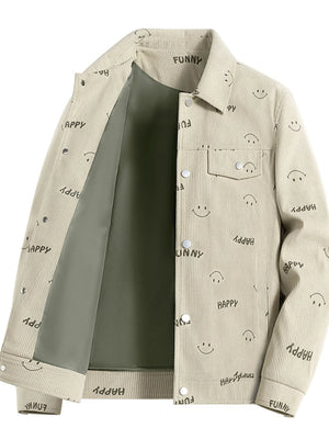 Light Khaki corduroy jacket with all-over smiley face and text print, button front, and chest pocket.