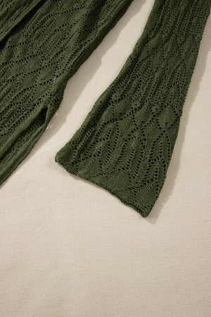 Army green openwork maxi cardigan with bell sleeves and a diamond pattern.