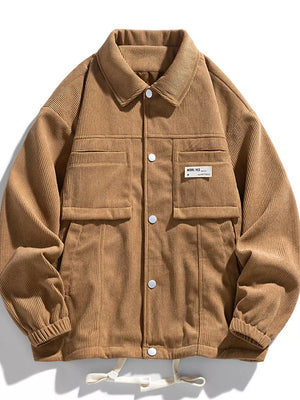 Caramel corduroy button-down jacket with two chest pockets and white buttons.