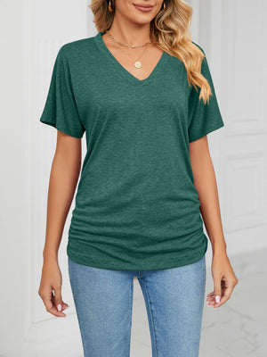 Relaxed dark green V-neck short sleeve t-shirt with ruched sides.