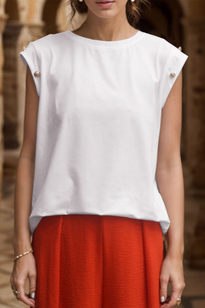 White cap sleeve tee with button detail on shoulders