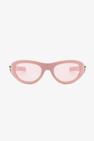 Dusty Pink sporty shield sunglasses with light pink lenses and a bow accent detail.