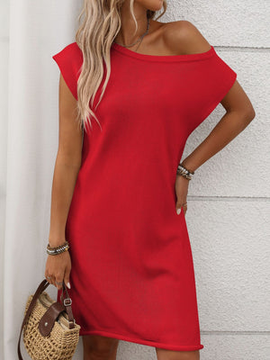 Off-the-shoulder knit shift dress in deep red, with short sleeves and a casual cut.