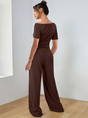 Boat neck jersey co-ord set in chocolate, featuring a relaxed fit and wide-leg pants.