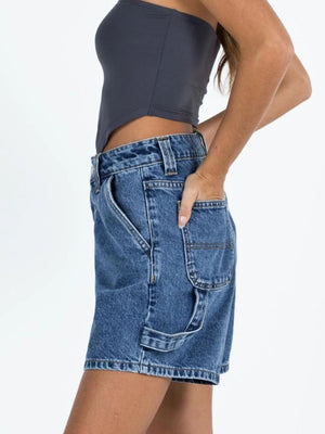 Light blue wash denim carpenter shorts with utility pockets and a relaxed fit.