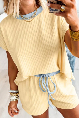 Yellow ribbed cotton crew neck top and drawstring shorts set with blue trim.
