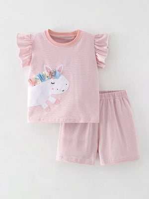 Pink striped cotton toddler top with unicorn applique and ruffled sleeves, paired with matching shorts.