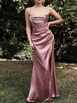 Pink satin maxi dress with corset bodice and high slit