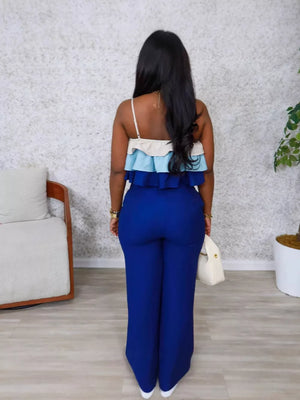Chic layered ruffle crop top set with wide leg pants in blue and color block detail.