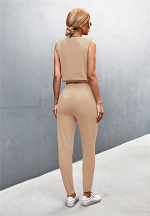 Khaki cropped muscle tank and jogger set with a relaxed fit.