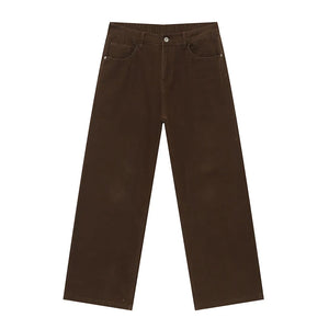 Chocolate elastic waist straight-leg denim jeans with front pockets.