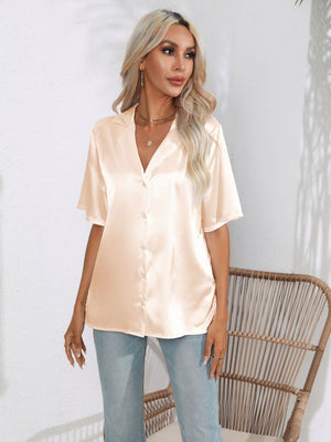 Champagne satin collared short sleeve button-up shirt