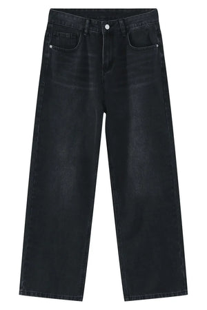 Black denim jeans with a relaxed fit and classic five-pocket styling.